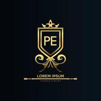 pe brev första med kunglig mall.elegant med krona logotyp vektor, kreativ text logotyp vektor illustration.