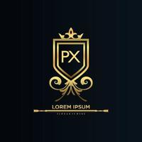 px brev första med kunglig mall.elegant med krona logotyp vektor, kreativ text logotyp vektor illustration.