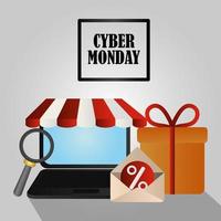 Cyber Montag. Laptop, Geschenkbox und E-Mail vektor