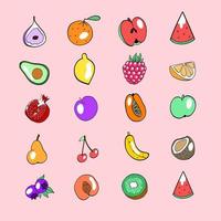 ikon uppsättning av frukter. annorlunda färgrik frukt - banan, äpple, päron, orange, persika, plommon, vattenmelon, körsbär, citron, kokos. naturlig tropisk frukt. hand dragen vektor illustration