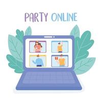 Online-Party. Laptop-Videoanruf mit Menschenfeier vektor