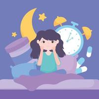 flicka med sömnstörningar, medicin, klocka och måne vektor