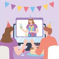 Online-Party. Paar feiert im Videoanruf vektor
