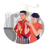 asiatischer mann und frau, die mit räucherstäbchen in der chinesischen neujahrsfeier beten vektor