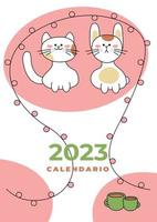 kalender omslag. söt och rolig symboler av 2023 katt och kanin, krans med bollar, koppar av te, abstrakt ovaler. tecknad serie vektor illustration.