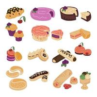kaka uppsättning. croissant, muffins, kakor, kaka bitar, eclairs, ostmassa, tarteletter, ljuv rulla, is grädde. vektor hand dra tecknad serie illustration.