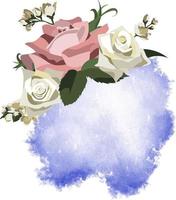 florale vorlage mit weißen und rosa rosen, jasmin und grün auf aquarellfarbenem lila hintergrund vektor
