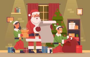 weihnachtsmann und elf bereiten geschenk vor vektor