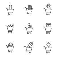 uppsättning av modern översikt symboler för internet butiker, butiker, banderoller, annonser. vektor isolerat linje ikoner av flaska, skola förnödenheter, Tass, mat, piller, hus, papper, Glödlampa i handla vagn