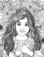 söt amerikan liten flicka bw vektor omgiven förbi blommor. med en duva i henne vapen. vektor svart och vit illustration för färg och illustration böcker.