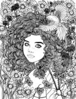 söt irländsk liten flicka bw vektor omgiven förbi blommor. med en duva i henne vapen. vektor svart och vit illustration för färg och illustration böcker.