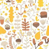 vektor sömlös mönster av hand dragen blommor, löv, grenar, bär, svamp och ekollon. höst illustration, falla, september, oktober och november atmosfär. parkera, skog, lund med växter