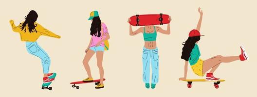 de skateboardåkare uppsättning. flicka surfa på skateboard eller longboard. Begagnade för flygblad, baner sportslig evenemang, förpackning sporter varor. tecknad serie platt vektor illustration isolerat objekt