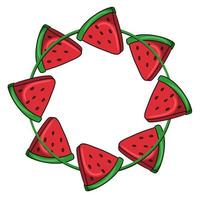 runder symmetrischer Rahmen, dreieckige Stücke saftiger Wassermelone, Kopierraum, Vektorillustration im Cartoon-Stil auf weißem Hintergrund vektor