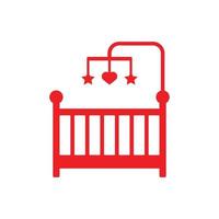 eps10 roter Vektor Babybett oder Kinderbett mit hängendem Spielzeugsymbol isoliert auf weißem Hintergrund. Babybett-Symbol in einem einfachen, flachen, trendigen, modernen Stil für Ihr Website-Design, Logo und mobile App