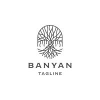 Banyan-Baum-Design mit flachem Vektor der Logo-Vorlage im Linienkunststil