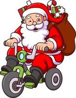 de söt santa claus är ridning på en cykel och bärande gåvor medan blinka vektor