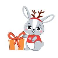 süßes Cartoon-Kaninchen oder Hase. ein Kaninchen mit einem Geschenk in seinen Händen. Bedrucken von Kinder-T-Shirts, Grußkarten, Postern. Vektor-Illustration isoliert auf weißem Hintergrund vektor