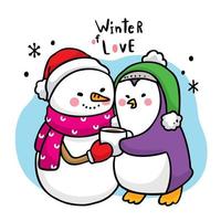 söt tecknad snögubbe som kramar en pingvin vektor
