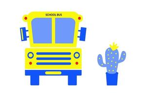gul skola buss främre se med kaktus. tillbaka till skola begrepp. trend, modern design. vektor illustration
