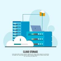 Speichertechnologie und Cloud-Server-Servicekonzept mit Administrator-Arbeitskonzept, Cloud-Technologie-Computing-Konzept. Rechenzentrumskonzept. moderne Cloud-Technologie. flache vektorillustration. vektor