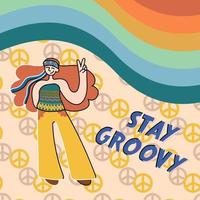 Stay Groovy-Schriftzug im Vintage-Hippie-Stil. designvorlage für gute stimmungsaufkleber. Vektor-Retro-Vintage-Cartoon-Charakter-Illustration. lustige Hippie-Blume, Slogan-Druck für T-Shirt, Poster. vektor