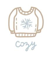 gemütliche Winterkleidung. Flacher Doodle-Pullover isoliert auf weißem Hintergrund. dezember saisonales warmes tuch, vektorbeschriftungskartenvorlage. vektor