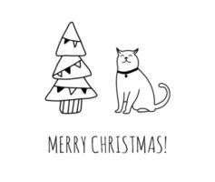 süße Katze und Weihnachtsbaum-Symbol isoliert auf weißem Hintergrund. frohe weihnachten grußkartenvorlage. Gekritzel-Umrisszeichnung. vektor
