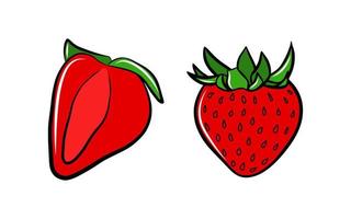 ljuv jordgubb ikon uppsättning isolerat på vit bakgrund. vektor översikt silhuett, röd frukt, färgrik mat, skiss teckning, klotter grafisk paket design, platt efterrätt.