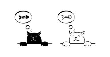 söt katt karaktär drömma av fisk ben, djur- skriva ut isolerat på vit bakgrund. enkel svart teckning uppsättning i översikt stil. vektor klotter svart skriva ut mall.
