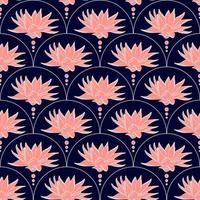 blommig sömlös mönster med rosa lotus blomma. botanisk tyg skriva ut mall. vektor illustration med blå linje konst blommor i en rad. venetian eller damask tapet design.