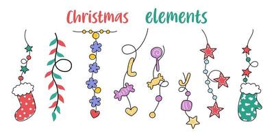 Weihnachtselement-Set im Doodle-Stil auf weißem Hintergrund für weihnachtliche Dekorationen, Kartendesign, Digitaldrucke, Aufkleber, Geschenke, Sammelalben und mehr. vektor