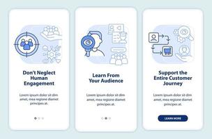 People First Mindset hellblauer Onboarding-Bildschirm der mobilen App. Komplettlösung 3 Schritte grafische Anleitungsseiten mit linearen Konzepten. ui, ux, gui-Vorlage. vektor