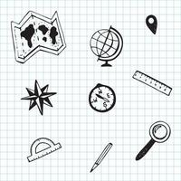 Doodle-Reihe von Geographie-Themen auf dem Hintergrund eines Schulheftes vektor