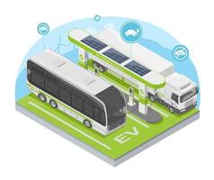 ev bus semi trailer solarzelle energiekonzept energie ökologie elektrofahrzeug batteriesystem für emissionsarme isometrische vektor