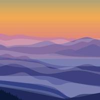 Landschaft mit Bergen. Sonnenuntergang über dem nebligen Bergtal Zeit vektor
