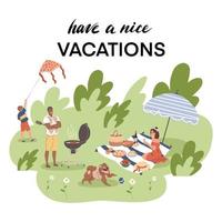 Die Familie entspannt sich in der Natur. Leute gingen für ein Picknick aus. Eine Frau, ein Mann und ein Kind vergnügen sich im Urlaub, spielen mit einem Hund, braten Fleisch, machen Aufhebens, starten eine Schlange. habe einen schönen Urlaub vektor