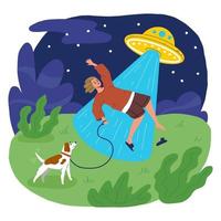 UFO entführt einen Mann. ein außerirdischer Angriff auf die Erde. eine fliegende Untertasse. mit dem Hund spazieren gehen vektor