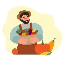 en jordbrukare i en hatt med en korg av grönsaker i hans händer. färsk miljövänlig naturlig Produkter från din odla. vektor grafik.