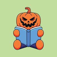 söt pumpa halloween läsning bok tecknad serie maskot klotter konst hand dragen begrepp vektor söt ikon illustration