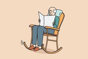 äldre man sitta i gungande stol läsning tidning. gammal gråhårig farfar koppla av i fåtölj njut av Tryck. Lycklig lugna mognad. vektor illustration.