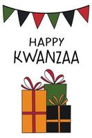 glückliche kwanzaa-grußkarte mit geschenkboxstapel, flaggenflagge. süßes einfaches vertikales plakat für afroamerikanische kwanzaa-feiern. vektor