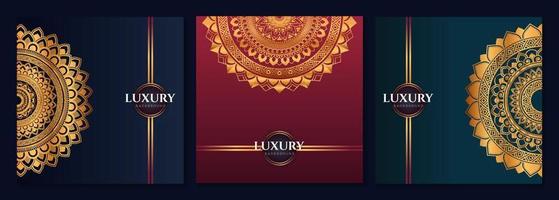 Satz von abstrakten Gold-Luxus-Mandala-Hintergrund-Vektor-Vorlagen, kreisförmige Zier-Arabesken-Muster für Poster, Cover, Broschüre, Flyer. roter, grüner, blauer Hintergrund vektor