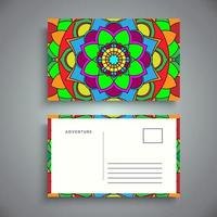 Postkarten-Designvorlage mit arabesken Blumenmandala, hellen floralen Zierelementen, Vektorhintergrundvorlage mit Ziermandala-Musterdesign vektor