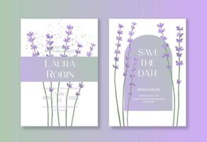 botanische hochzeitseinladungsschablone mit aquarelllavendel und bogen für party, grußkarte. vektor