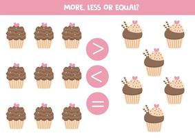 mehr, weniger oder gleich mit Cartoon Cupcakes oder Muffins. vektor