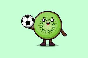 söt tecknad serie kiwi frukt karaktär spelar fotboll vektor