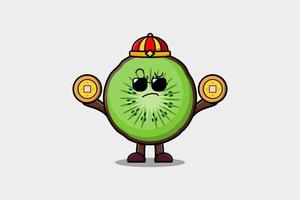 söt tecknad serie kiwi frukt kinesisk innehav mynt vektor