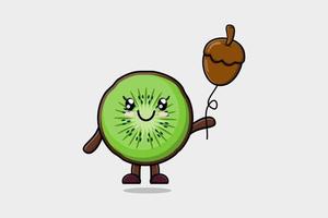 söt tecknad serie kiwi frukt flytande med ekollon vektor