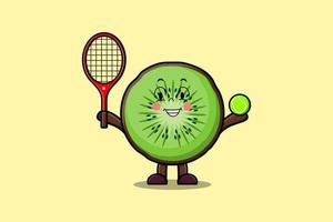 söt tecknad serie kiwi frukt spelar tennis fält vektor